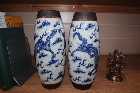 A pair of Chinese crackleglaze blue and white vases c.1900 height 26cm